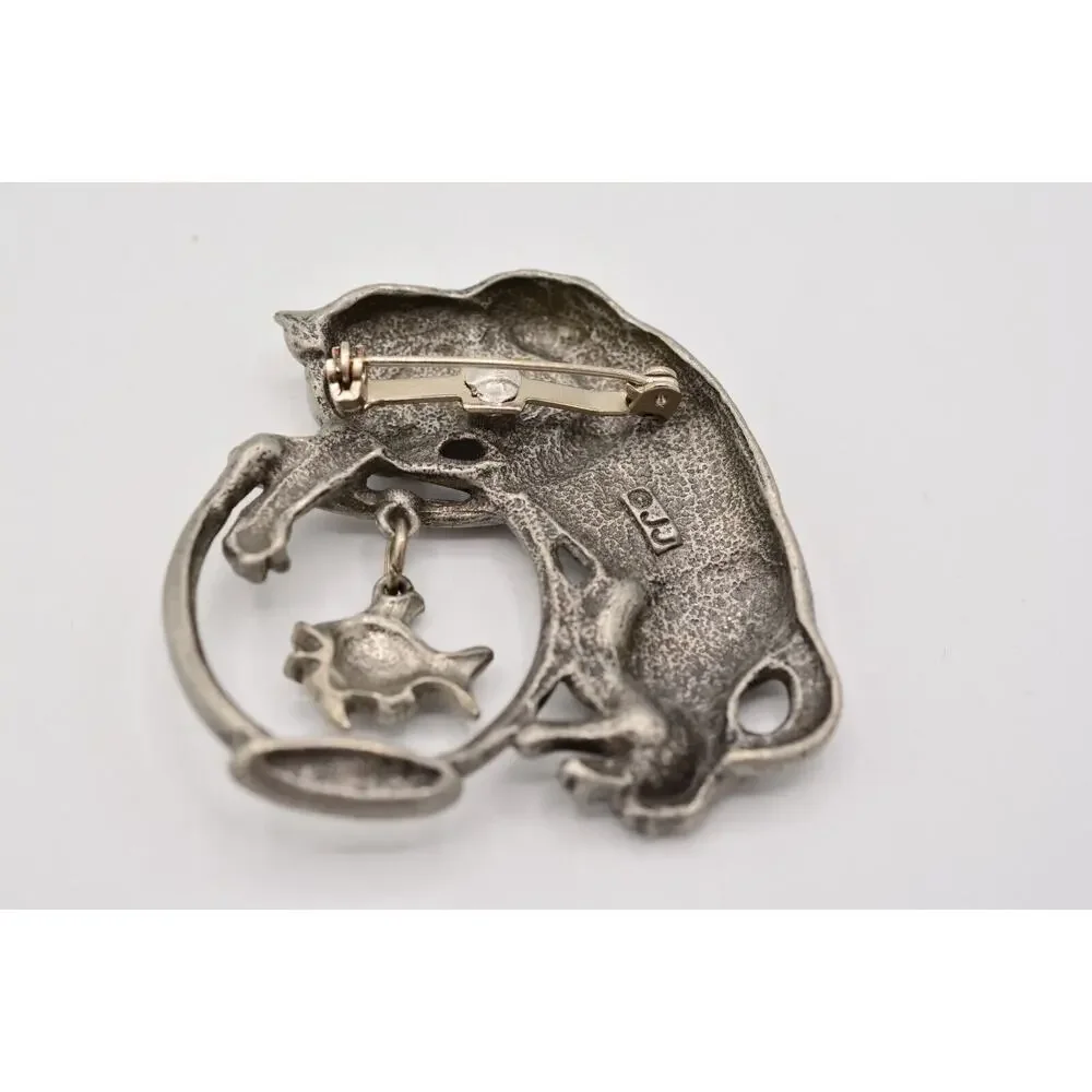 JJ Cat Pin Brooch Brushed Silver Pewter Fish Bowl Dangling Vintage Signed 80s 9B